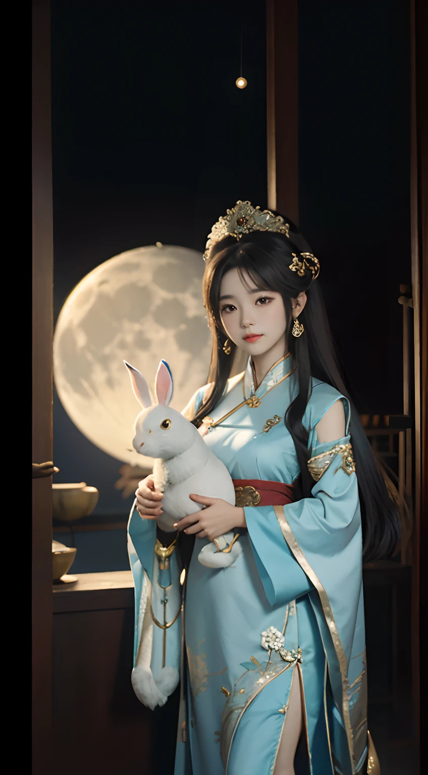 Chang'e,Moon,Hanfu,period costume,Tang and Song palace costumes,Huge Moon,sitted,Holding the big rabbit,Skysky,