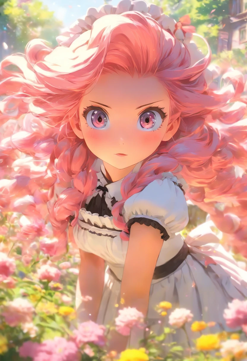 Flowers meadow, flowerbed, anime girl in a maid costume, Beautiful girl in maid outfit, Official anime artwork, the maid outfit,on the garden, Pink hair, long light pink hair, maid headdress, Pink eyes, anime visual of a cute girl, Beautiful girl, Cute anime punks in beautiful clothes, Key visual elegance in anime, Official artwork, Anime girl with long pink hair,,quadratic element, hdr, hyper HD, Under the sunlight, Ultra-fine painting, Sharp focus, Extreme detail description, professional, Vivid colors, Bokeh. sportrait, landscape, Horror, anime big breast, Sci-fi, Concept artist. Vibrant colors, Warm color tones, Soft and soft lighting.