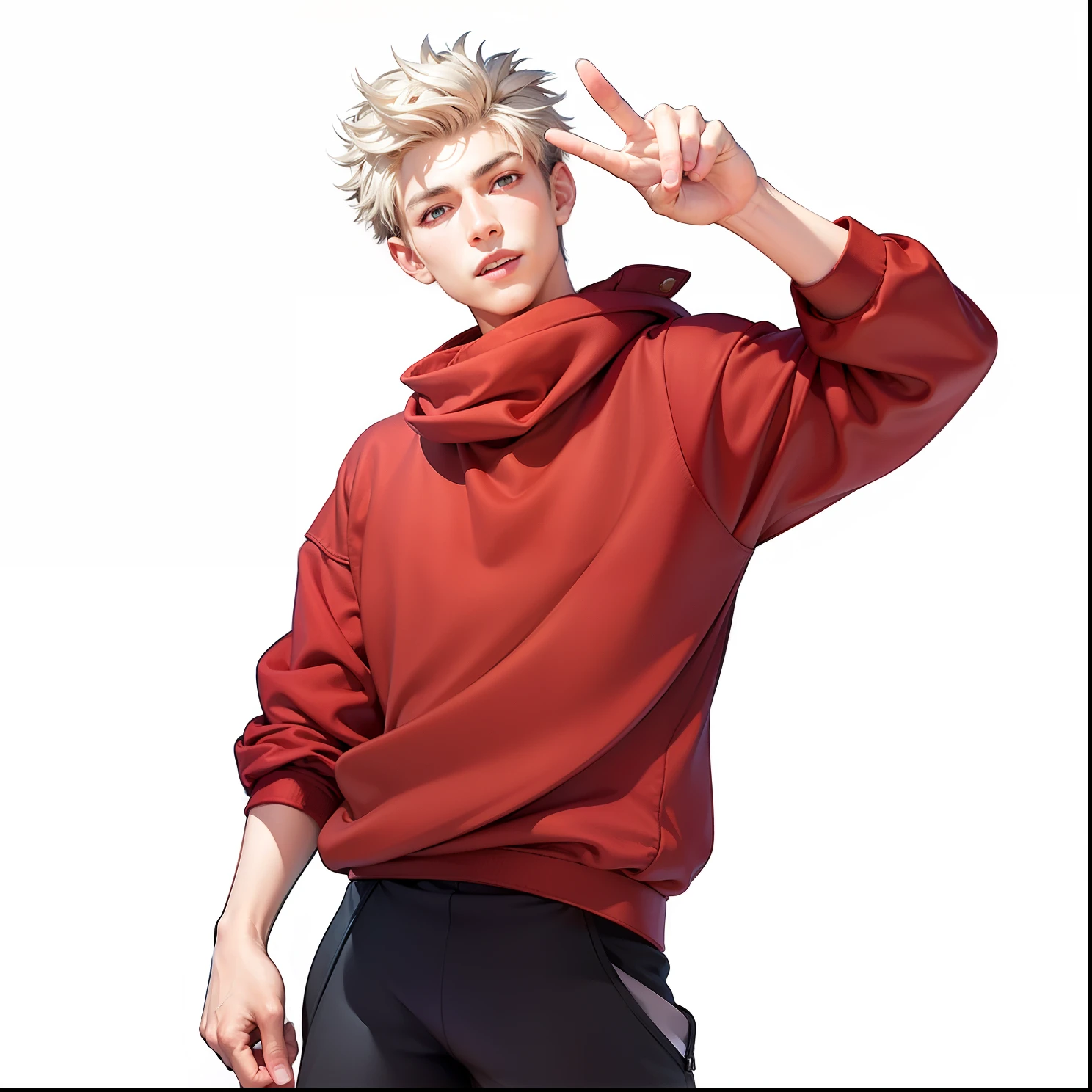 Masterpiece, best quality, high quality, ultra detailed, A Man, Blond hair and green eyes, Canine ears、red blush、tongue-out、a high school boy、piece sign、The tattoo、Short hair stylist, White hoodie, Top of the building, Night, Badass,