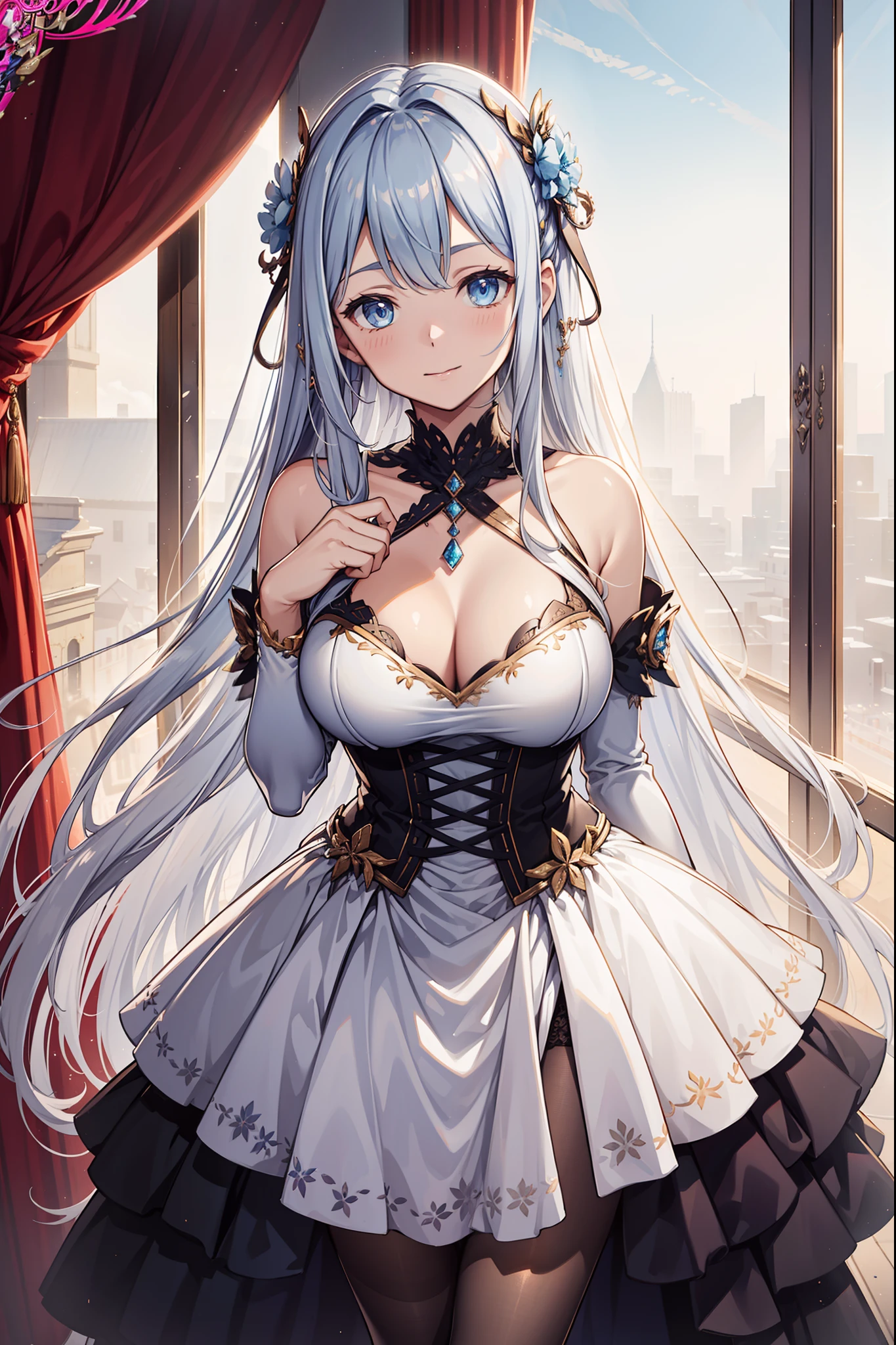 teens girl,divino,(Best quality,4K,8K,A high resolution,Masterpiece:1.2),Ultra-detailed,Enchanted,Seductive pose,having fun,divino,(Western-style magic white dress),Covered by a transparent white cloth on the chest,silber hair,eBlue eyes,see-through transparent clothes,Delicate hair accessories,Transparent lace,Sky blue texture,Late at night,exquisite costumes,Bedrooms,solo person,Carved pantyhose
