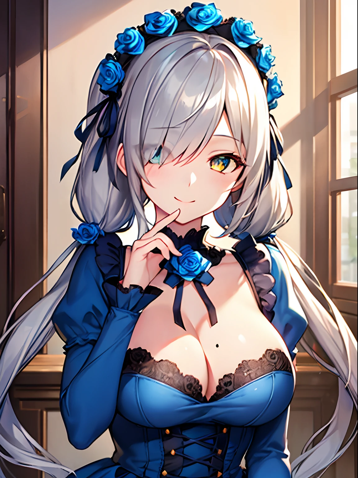 Highly detailed and realistic CG, Colorful, game cg, Best Quality, magnificent, jewel-like eyes, 1girl, solo, gray hair, long hair, twintails, hair over one eye, lolita fashion, gothic dress, frill, long sleeves, (Blue rose headdress:1.4), blue clothes, , (mole on :1.1), jewel, happy smile, closed mouth, baby face, round face, powder lights, portrait, (amber eyes:1.1), finger to mouth, from front,