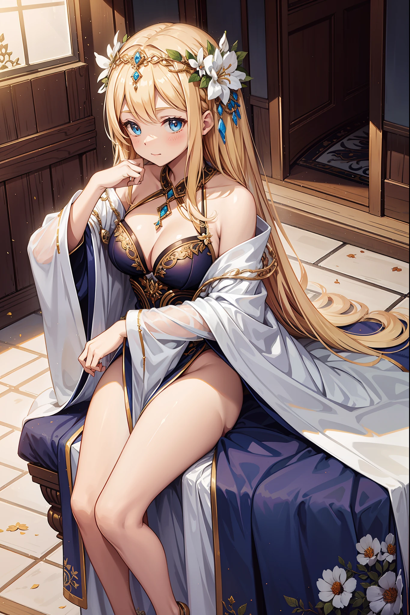 (teens girl),divino,Enchanted,having fun,Being in love,pale robe,intricate detailed clothes,Pattern,Dark swimsuit,inside in room,solo person,blond hairbl,(Flower headdress)