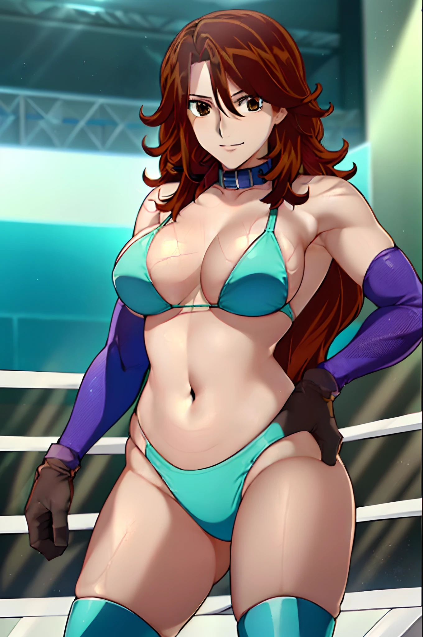 cowboy shot, upper body view, anime style: 1.8, anime drawing, ultra detailed face, ultra detailed body, 4k, Sumergai Lee Noriega, (standing), best quality, anime style, hires, highest definition, digital blending, bold drawing lines, ((slender body, female wrestler), (location: wrestling arena, crowds watching), (slender body, broad shoulders), mature woman, ((blue wrestling gear: bikini, boots, gloves, collar band, black bikini)), victorious, gorgeous, winner, smile, (pale skin), (big breasts), (big eyes, brown eyes), (warming up), (brown, long hair), 27 years old,