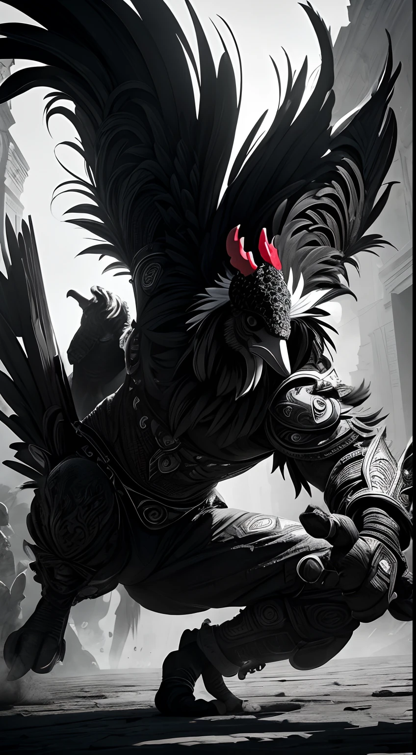 rooster mask creature, weapon master style, black and white colors, fighting pose, full body, Animal Anthropomorphism, realistic digital, humanoid, abstract background, global illumination, intricate, epic, dramatic, masterpiece, high detail, best quality, ultra high res