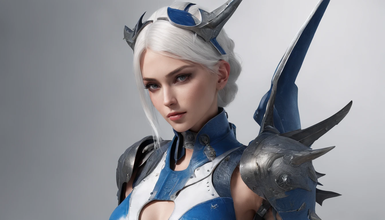 Cirilla Fiona Elen Riannon，Highest image quality，Outstanding details，超高分辨率，（Fidelity：1.4）, Favor the details，closeup cleavage，Ride a dragon，High-tech dragon knight mech，He has a delicate and beautiful face，（（Blue-white flying semi-mechanical fuselage：1.8）），Raised sexy，frontage，Cidade futuristica，mechanically aesthetic，Virtual Engine 5，Perfect detail rendering，rendering by octane，hyper HD