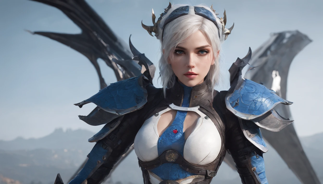 Cirilla Fiona Elen Riannon，Highest image quality，Outstanding details，超高分辨率，（Fidelity：1.4）, Favor the details，closeup cleavage，Ride a dragon，High-tech dragon knight mech，He has a delicate and beautiful face，（（Blue-white flying semi-mechanical fuselage：1.8）），Raised sexy，frontage，Cidade futuristica，mechanically aesthetic，Virtual Engine 5，Perfect detail rendering，rendering by octane，hyper HD