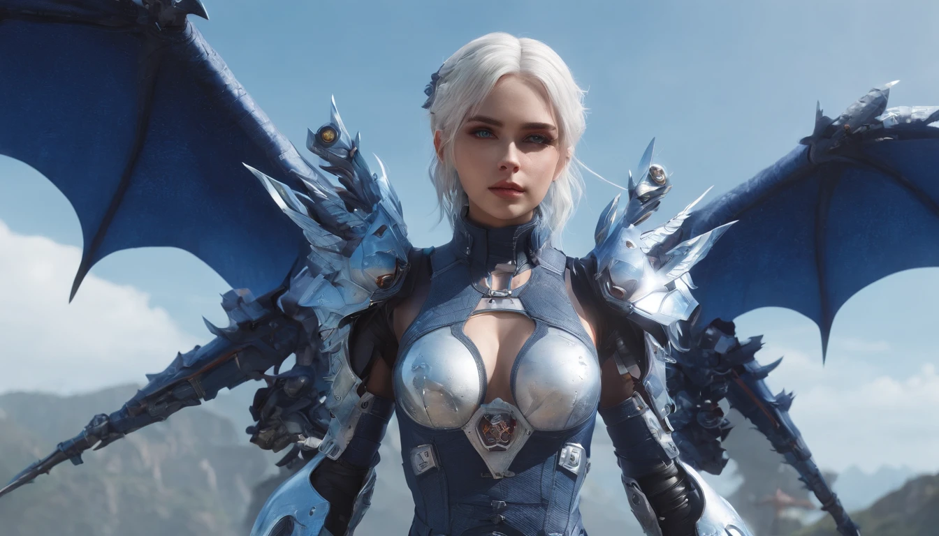 Cirilla Fiona Elen Riannon,Highest image quality,Outstanding details,超高分辨率,(Fidelity:1.4), Favor the details,closeup cleavage,Ride a dragon,High-tech dragon knight mech,He has a delicate and beautiful face,((Blue-white flying semi-mechanical fuselage:1.8)),Raised sexy,frontage,Cidade futuristica,mechanically aesthetic,Virtual Engine 5,Perfect detail rendering,rendering by octane,hyper HD