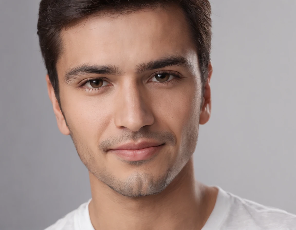 ((South American Latino)), (Latino man), (photo: 1.3) af (photorealism: 1.3), frontal close-up, soft light, clear face, happy, cheerful, warm light, white T-shirt, (grey and white background), (blank background), (gray wall background) avatar, (short hair), smile, short hair, smile, (close-up)