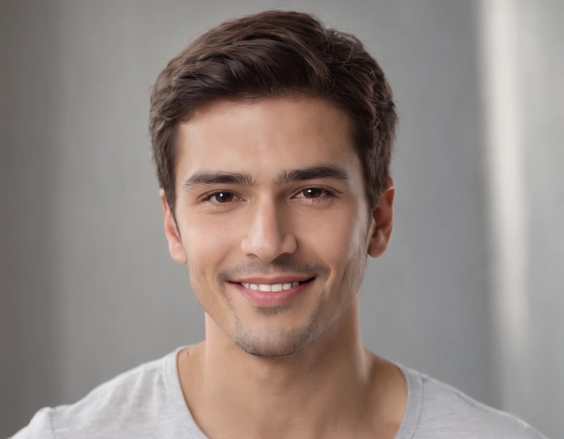 ((South American Latino)), (Latino man), (photo: 1.3) af (photorealism: 1.3), frontal close-up, soft light, clear face, happy, cheerful, warm light, white T-shirt, (grey and white background), (blank background), (gray wall background) avatar, (short hair), smile, short hair, smile, (close-up)