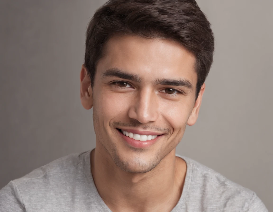 ((South American Latino)), (Latino man), (photo: 1.3) af (photorealism: 1.3), frontal close-up, soft light, clear face, happy, cheerful, warm light, white T-shirt, (grey and white background), (blank background), (gray wall background) avatar, (short hair), smile, short hair, smile, (close-up)