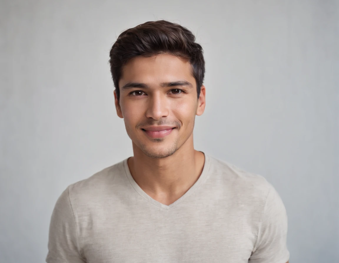 ((South American Latino)), (Latino man), (photo: 1.3) af (photorealism: 1.3), frontal close-up, soft light, clear face, happy, cheerful, warm light, white T-shirt, (grey and white background), (blank background), (gray wall background) avatar, (short hair), smile, short hair, smile, (close-up)