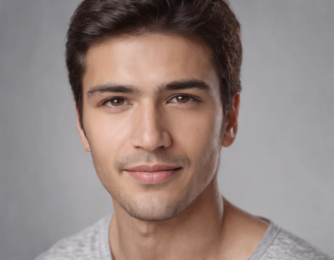 ((South American Latino)), (Latino man), (photo: 1.3) af (photorealism: 1.3), frontal close-up, soft light, clear face, happy, cheerful, warm light, white T-shirt, (grey and white background), (blank background), (gray wall background) avatar, (short hair), smile, short hair, smile, (close-up)
