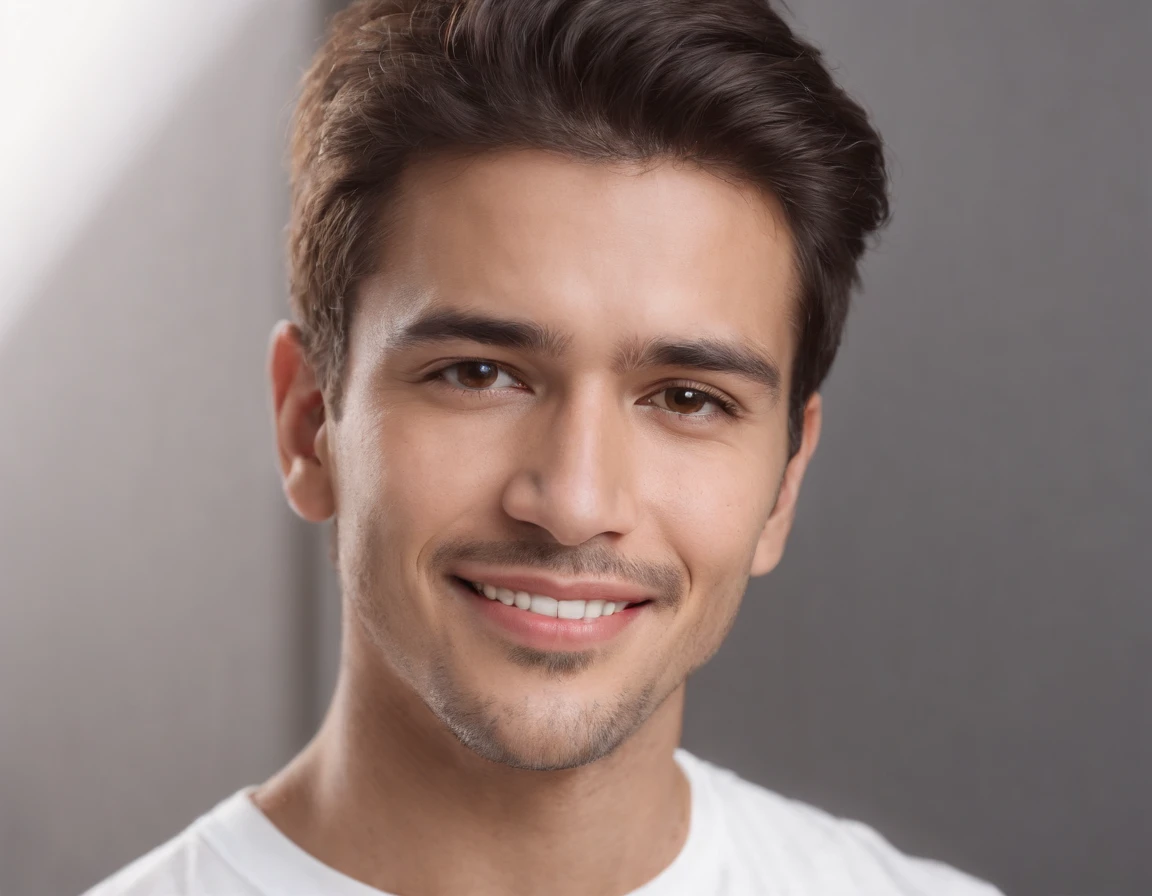((South American Latino)), (Latino man), (photo: 1.3) af (photorealism: 1.3), frontal close-up, soft light, clear face, happy, cheerful, warm light, white T-shirt, (grey and white background), (blank background), (gray wall background) avatar, (short hair), smile, short hair, smile, (close-up)