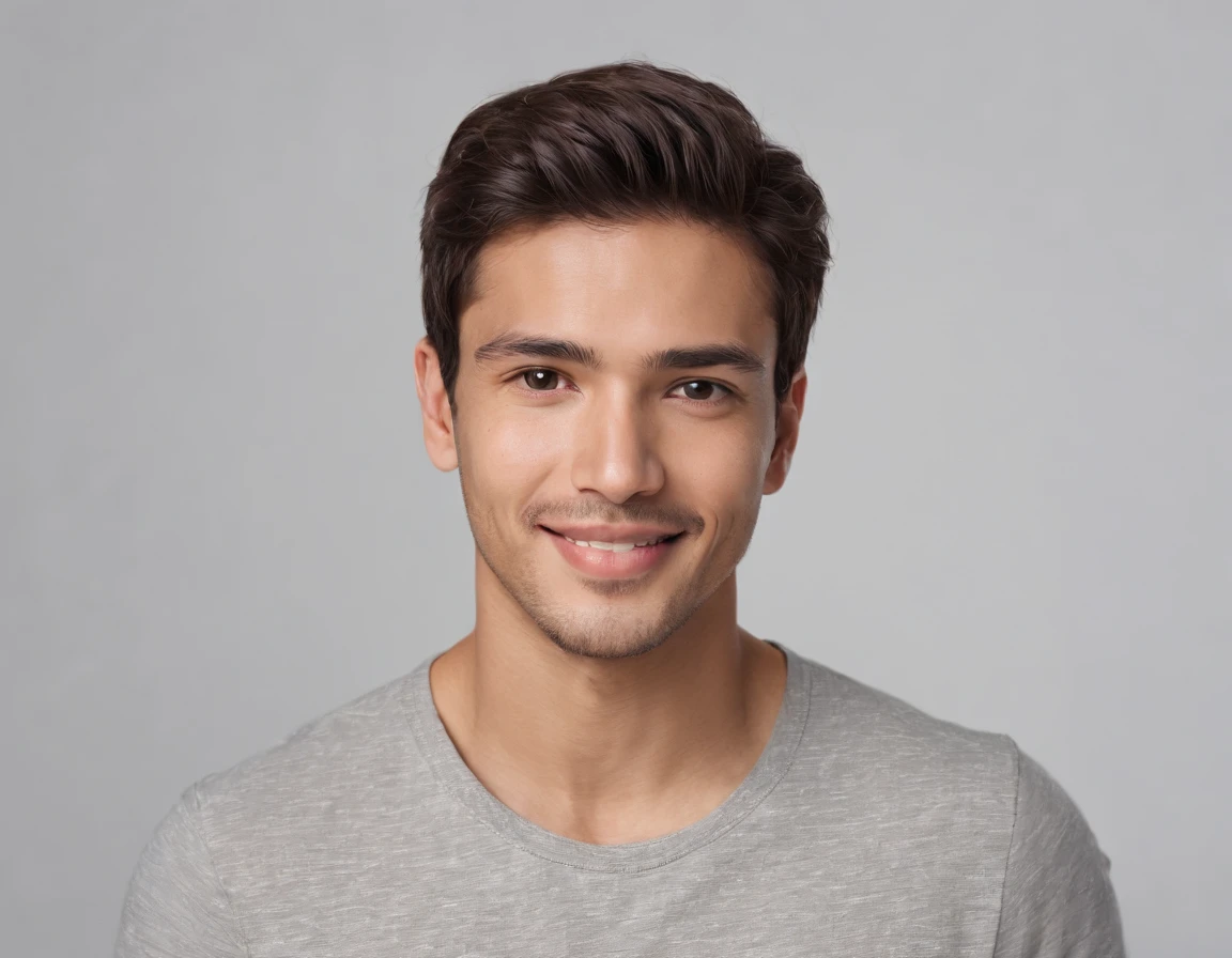 ((South American Latino)), (Latino man), (photo: 1.3) af (photorealism: 1.3), frontal close-up, soft light, clear face, happy, cheerful, warm light, white T-shirt, (grey and white background), (blank background), (gray wall background) avatar, (short hair), smile, short hair, smile, (close-up)