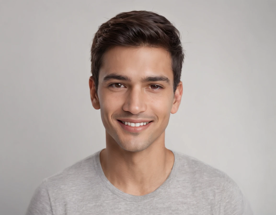 ((South American Latino)), (Latino man), (photo: 1.3) af (photorealism: 1.3), frontal close-up, soft light, clear face, happy, cheerful, warm light, white T-shirt, (grey and white background), (blank background), (gray wall background) avatar, (short hair), smile, short hair, smile, (close-up)