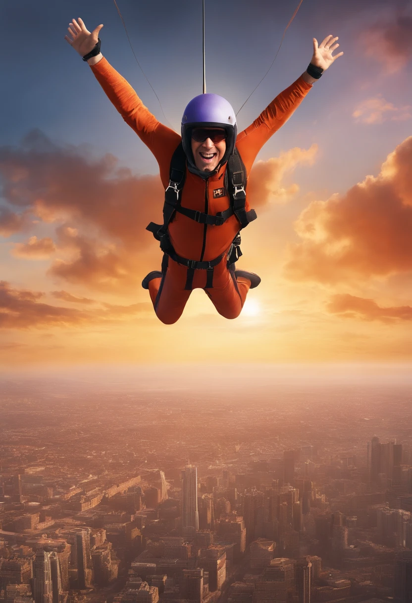 For a YA book cover titled "Noob," consider depicting a hyper-realistic scene that captures the intense moment of a first-time skydiver in freefall. The skydiver's face should show a mix of excitement and fear. His body position should suggest that he's falling somewhat out of control. In the background, feature a breathtaking sunset, rich with shades of orange, red, and purple. The cityscape below should be intricate, showing a major city centre with iconic buildings, streets, and perhaps even some tiny cars to emphasize the altitude and stakes. The sun should be positioned so that it's partially hidden by a skyscraper, casting elongated shadows and highlighting the age male skydiver as the focal point. The typography for the book title and author's name should be modern and bold, yet not overpower the gravity of the scene. Consider placing "Noob" at the top and the author's name (Marc Wolf) at the bottom, so as not to distract from the skydiver and city below. This vivid and realistic cover will likely grab the attention of YA readers, instantly conveying the adventure and challenges faced by the protagonist. Disney animation style. Movie picture quality. View from above.
