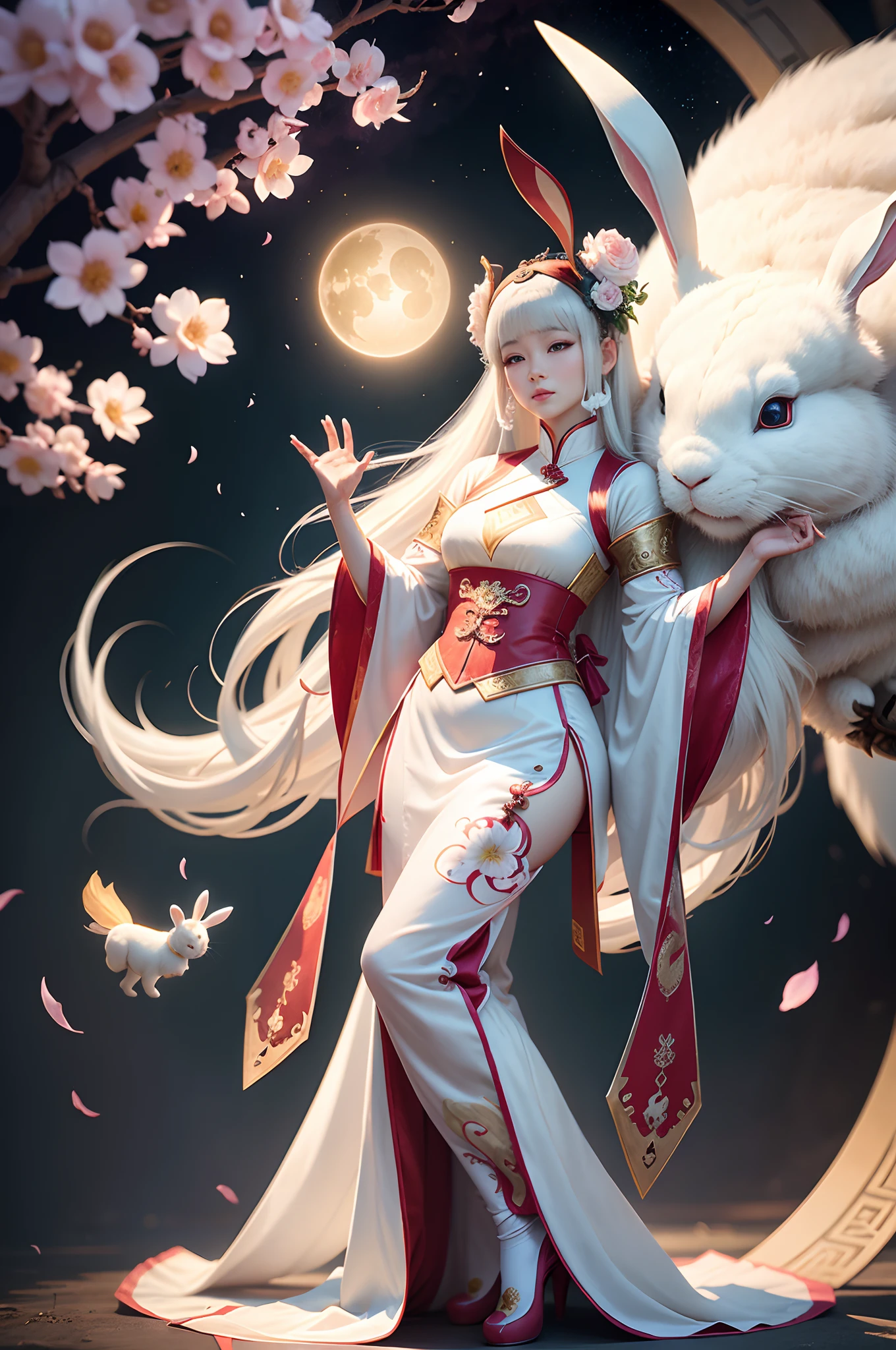 Chang'e and the White Rabbit,The white rabbit is bigger than the character,The characters are dressed in traditional Chinese costumes,Beautuful Women,long whitr hair,Wearing Hanfu,45 degree viewing angle,Side Body,。.3D,Realisticstyle