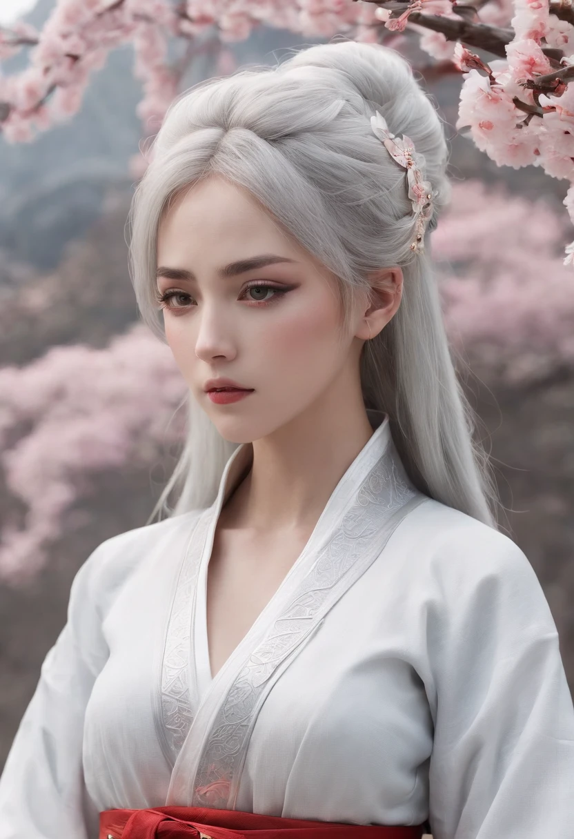 Cirilla Fiona Elen Riannon,动态照明,art stations,poster for,Volumetriclighting,Very detailed faces,4k wallpapers,He has a delicate and beautiful face,long hair flowing,horse tailed,Fringed Hair Ornament,Dynamic perspective,White Hanfu,White gauze flying,red waistband,Sexy,Tradition Chinese Ink Painting,Surrounded by clouds,fog atmosphere,cherry blossom,Ride a white dragon,White dragon horn,dynamic viewing angle,电影灯光