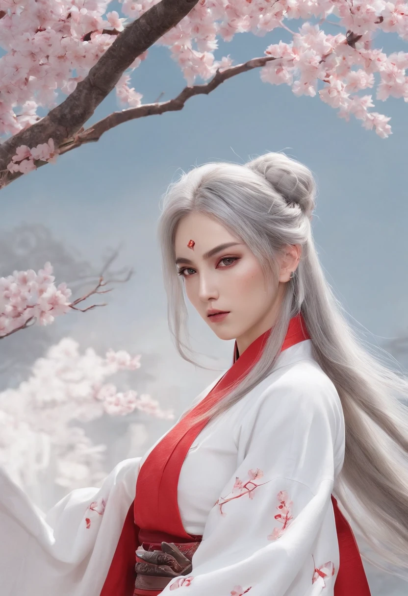 Cirilla Fiona Elen Riannon,动态照明,art stations,poster for,Volumetriclighting,Very detailed faces,4k wallpapers,He has a delicate and beautiful face,long hair flowing,horse tailed,Fringed Hair Ornament,Dynamic perspective,White Hanfu,White gauze flying,red waistband,Sexy,Tradition Chinese Ink Painting,Surrounded by clouds,fog atmosphere,cherry blossom,Ride a white dragon,White dragon horn,dynamic viewing angle,电影灯光