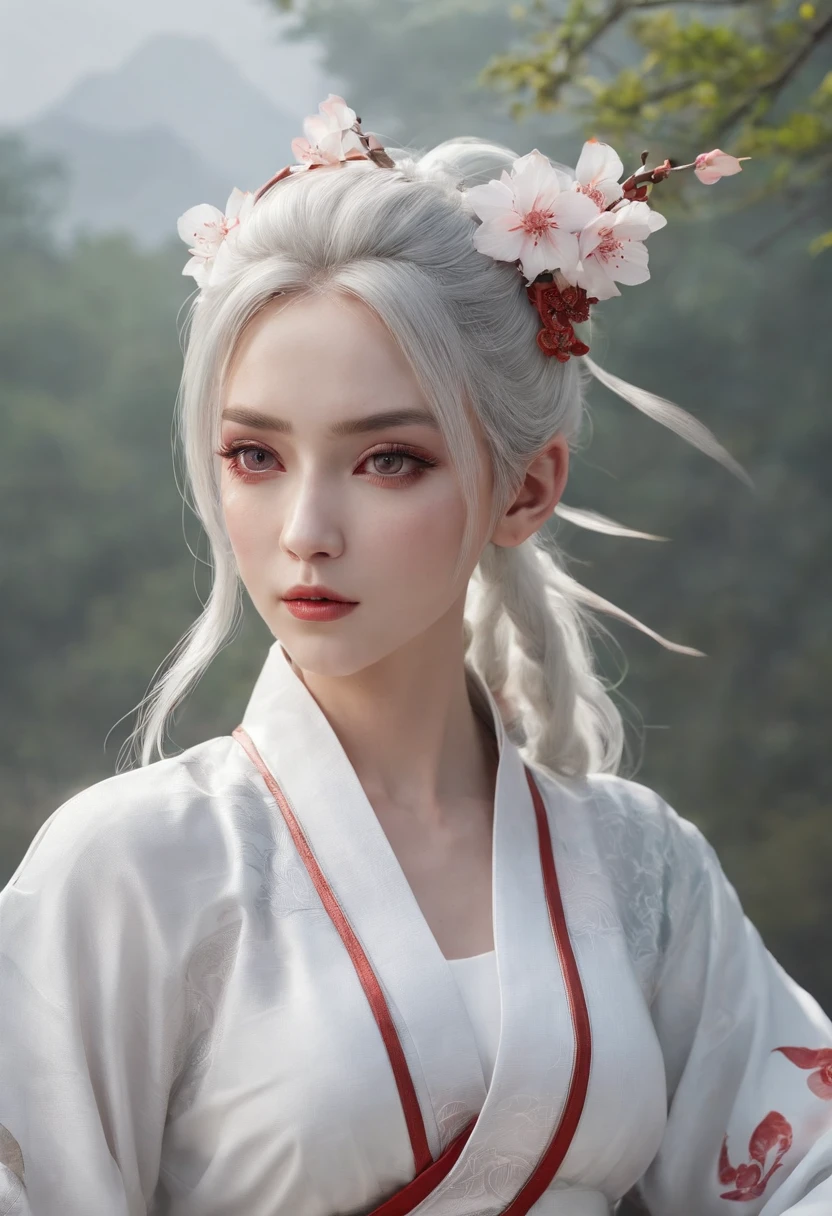 Cirilla Fiona Elen Riannon，动态照明，art  stations，poster for，Volumetriclighting，Very detailed faces，4k wallpapers，He has a delicate and beautiful face，long hair flowing，horse tailed，Fringed Hair Ornament，Dynamic perspective，White Hanfu，White gauze flying，red waistband，Sexy，Tradition Chinese Ink Painting，Surrounded by clouds，fog atmosphere，cherry blossom，Ride a white dragon，White dragon horn，dynamic viewing angle，电影灯光