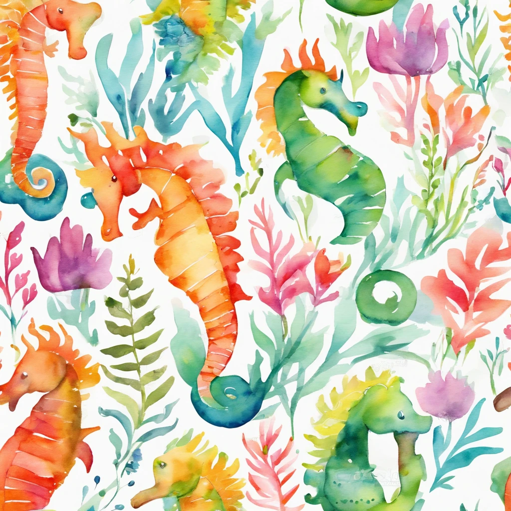 simple, vector, 4k, cheerful, flat background, illustration, under water, sea, kids background, colorful, reef, flat color, seahorse, seamless