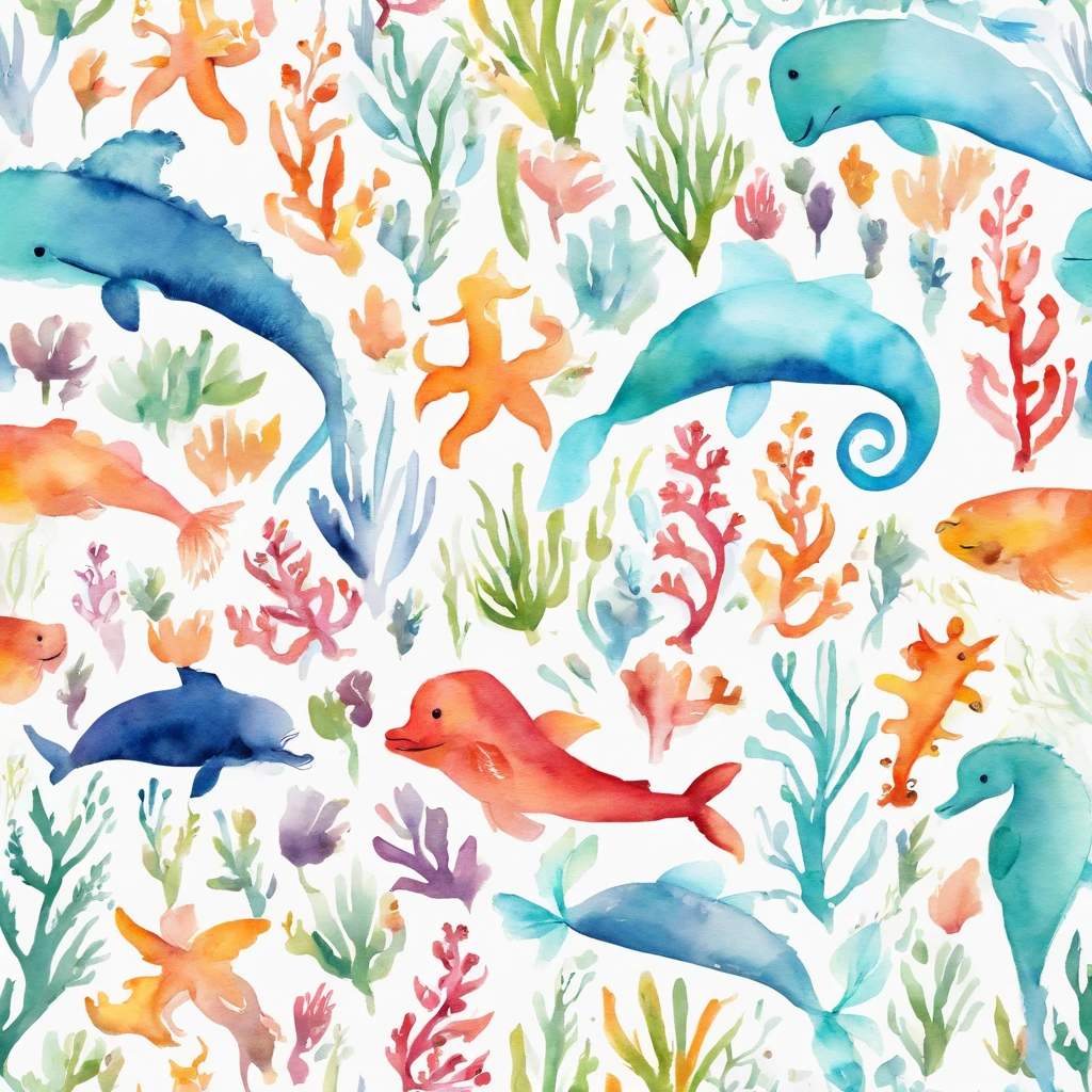 simple, vector, 4k, cheerful, flat background, illustration, under water, sea, kids background, colorful, reef, flat color, seahorse, seamless