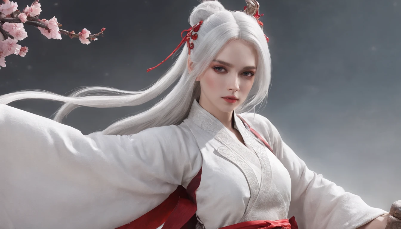 Cirilla Fiona Elen Riannon,动态照明,art stations,poster for,Volumetriclighting,Very detailed faces,4k wallpapers,He has a delicate and beautiful face,long hair flowing,horse tailed,Fringed Hair Ornament,Dynamic perspective,White Hanfu,White gauze flying,red waistband,Sexy,Tradition Chinese Ink Painting,Surrounded by clouds,fog atmosphere,cherry blossom,Ride a white dragon,White dragon horn,dynamic viewing angle,电影灯光
