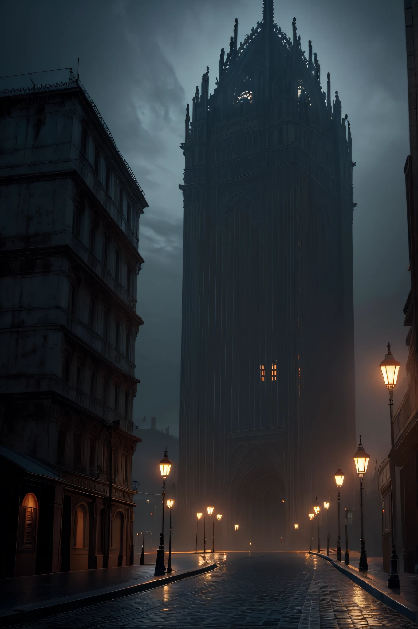 ( UHD ), ( 8K ), ( Perfect ambient lighting ), ( Cores Vivas ), ( Building the Perfect Setting ), ( Textura Real ), ( Obra prima ), Cidade dos vampiros, linda cidade obscura, forte chuva, nascer da Lua Sangue