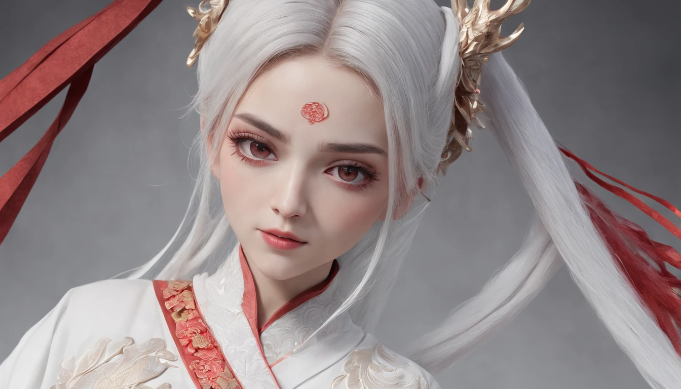 Cirilla Fiona Elen Riannon，动态照明，art  stations，poster for，Volumetriclighting，Very detailed faces，4k wallpapers，He has a delicate and beautiful face，long hair flowing，horse tailed，Fringed Hair Ornament，Dynamic perspective，White Hanfu，White gauze flying，red waistband，Sexy，Tradition Chinese Ink Painting，Surrounded by clouds，fog atmosphere，cherry blossom，Ride a white dragon，White dragon horn，dynamic viewing angle，电影灯光