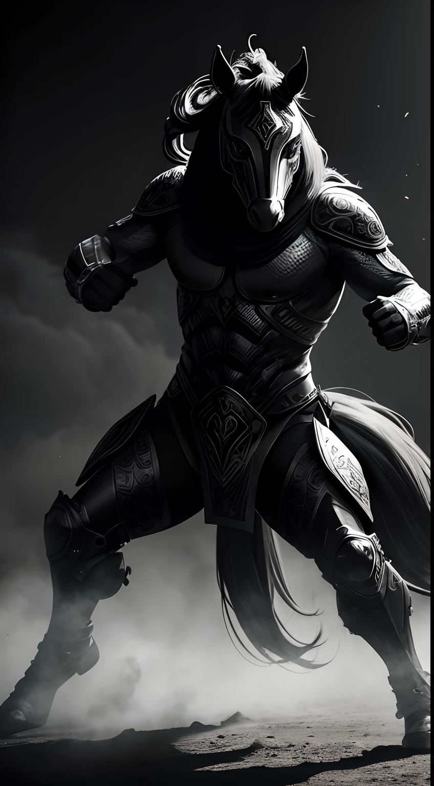 horse mask creature, weapon master style, black and white colors, fighting pose, full body, Animal Anthropomorphism, realistic digital, humanoid, abstract background, global illumination, intricate, epic, dramatic, masterpiece, high detail, best quality, ultra high res