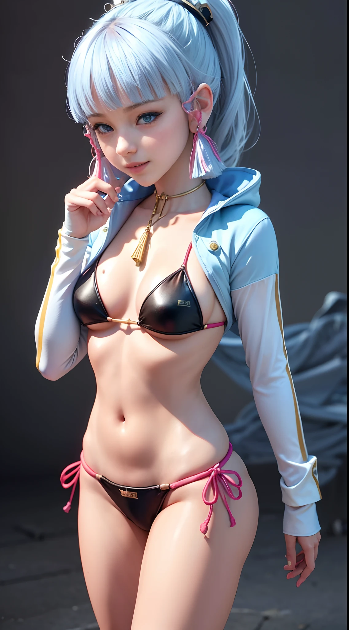{best quality}, {{masterpiece}}, {high res}, extremely detailed CG, extremely detailed 8K wallpaper, extremely detailed character,{an extremely delicate and beautiful portrait}, (((portrait))), solo, sharp focus, dramatic angle, {{cinematic lighting}}, (photorealistic:2), {{{character ({{{a girl}}}, {{{{{{}}}}}}, smile, opened mouth, beautiful detailed eyes, light blue eyes)}}}, ((18 years old)), highly detailed eyes, highly detailed face, (cowboy shot), 1 girl, solo, standing, studio background, (black background), white hair, multicolored hair, petite, blue hoodie, hair ornament, (((bikini)))