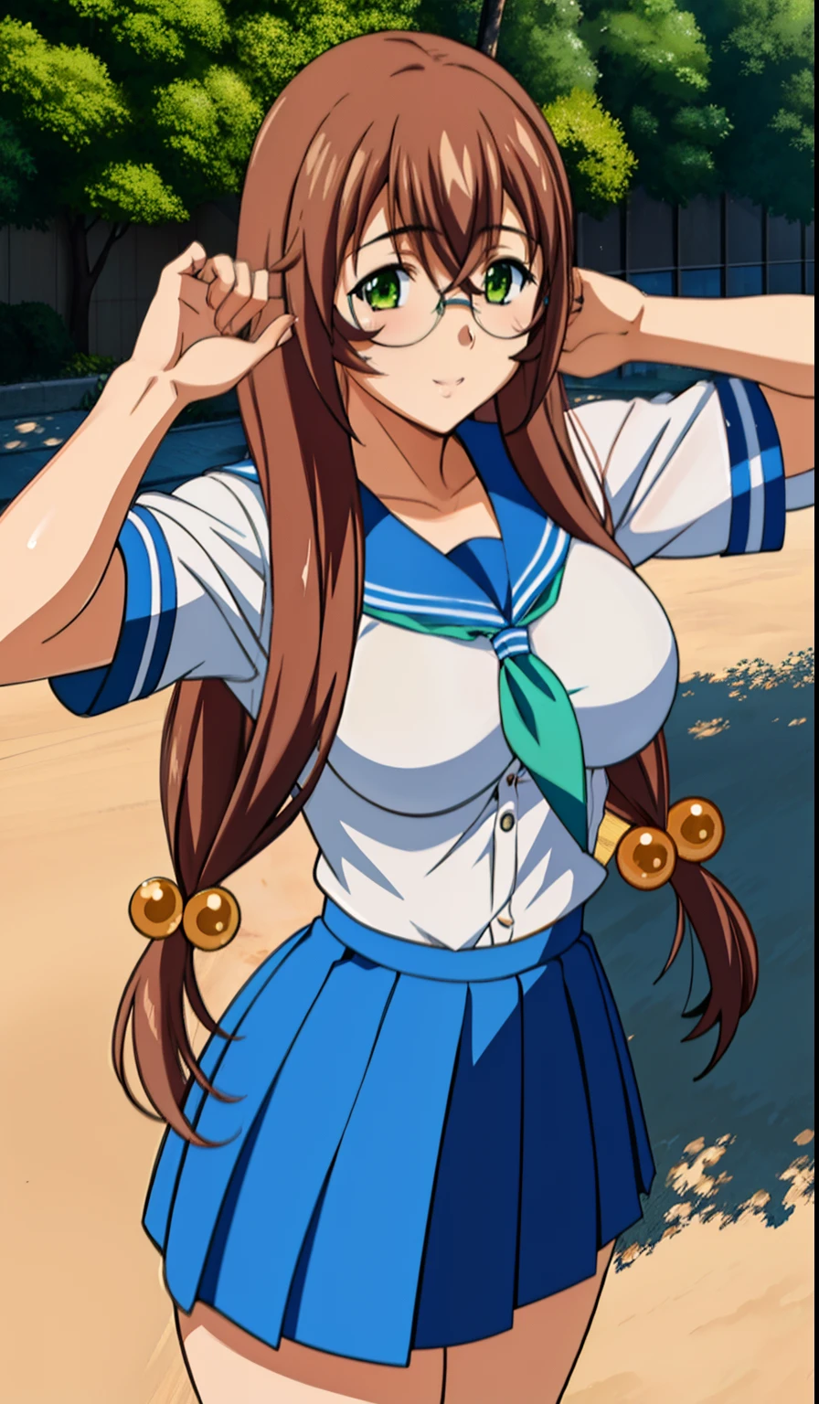 1girl, masterpice, high quality, best quality, 4k, solo, cg, unity,  brown hair,very long hair, green eyes, school uniform, serafuku,  blue, skirt, hair ornament, large breasts, glasses, good body, perfect body, outdoors, dynamc pose, cute pose, muscular,