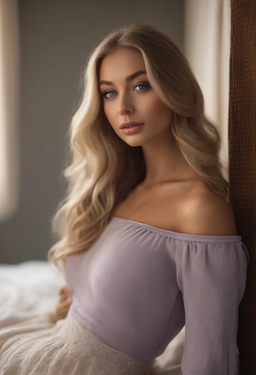 arafed woman fully , sexy girl with blue eyes, ultra realistic, meticulously detailed, portrait sophie mudd, blonde hair and large eyes, selfie of a young woman, bedroom eyes, violet myers, without makeup, natural makeup, looking directly at the camera, face with artgram, subtle makeup, stunning full body shot kneeling on bed, in bedroom, medium to large size bust