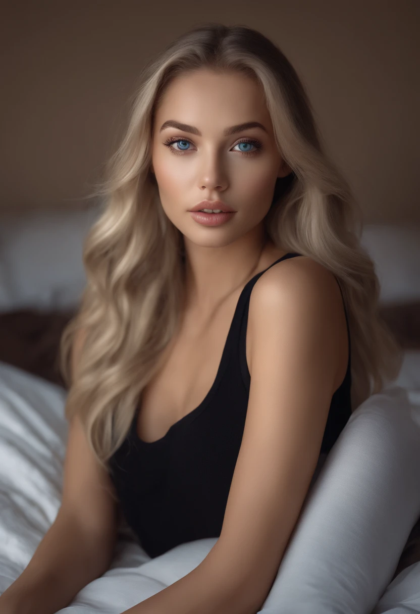 arafed woman fully , sexy girl with blue eyes, ultra realistic, meticulously detailed, portrait sophie mudd, blonde hair and large eyes, selfie of a young woman, bedroom eyes, violet myers, without makeup, natural makeup, looking directly at the camera, face with artgram, subtle makeup, stunning full body shot kneeling on bed, in bedroom, large size bust