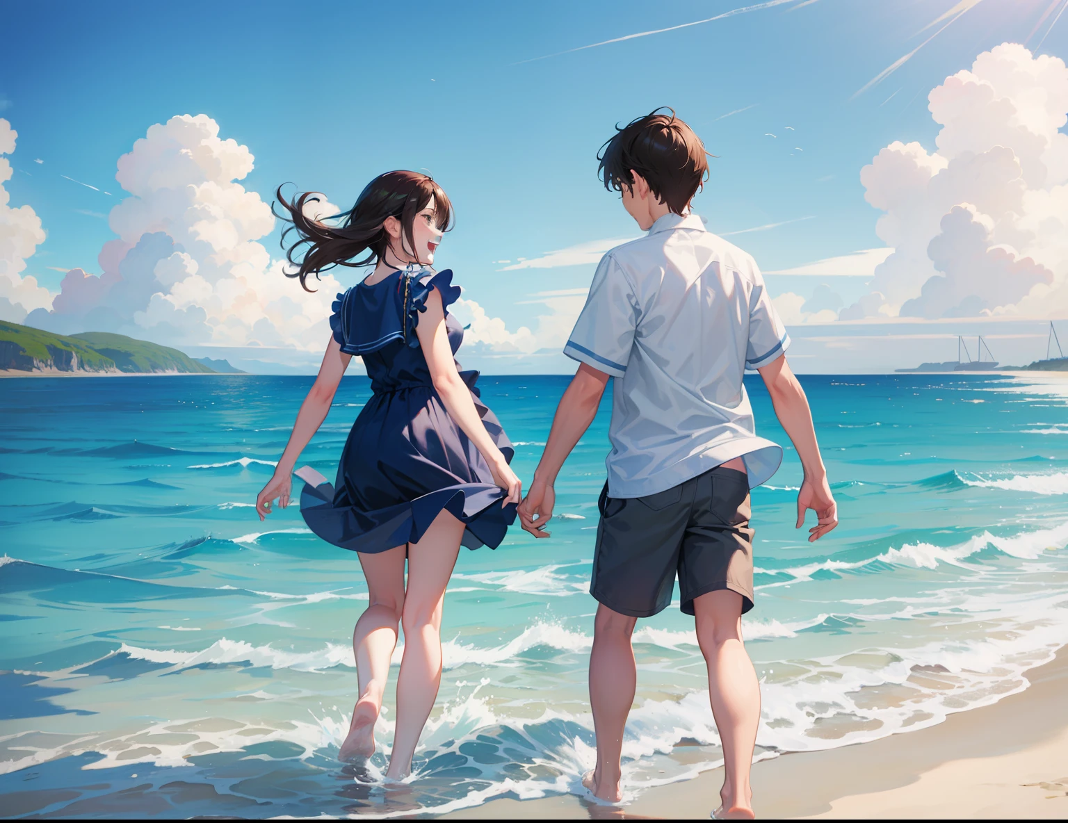 A couple of boy and girl play water on the beach, laughing, blue sky, sea, beach