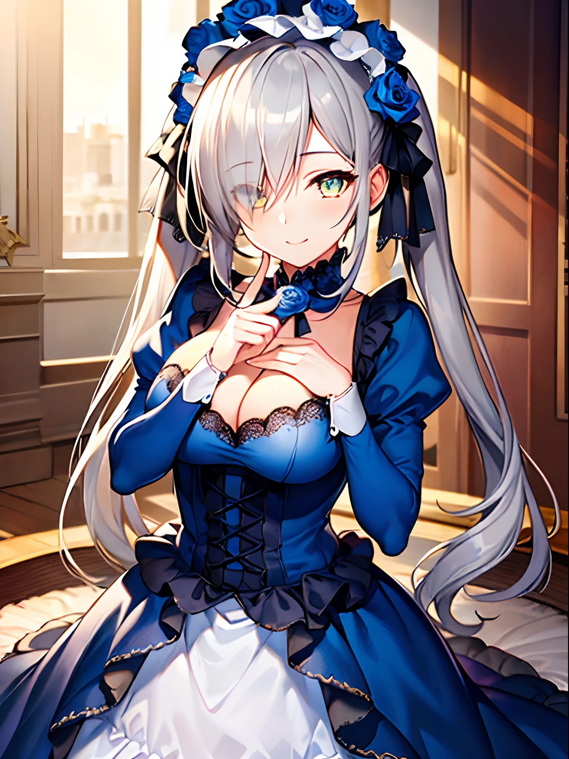 Highly detailed and realistic CG, Colorful, game cg, Best Quality, magnificent, jewel-like eyes, 1girl, solo, gray hair, long hair, twintails, hair over one eye, lolita fashion, gothic dress, frill, long sleeves, (Blue rose headdress:1.2), blue clothes, large breasts, (mole on chest:1.1), jewel, happy smile, closed mouth, baby face, round face, powder lights, portrait, (amber eyes:1.1), finger to mouth, from front, looking at viewer,