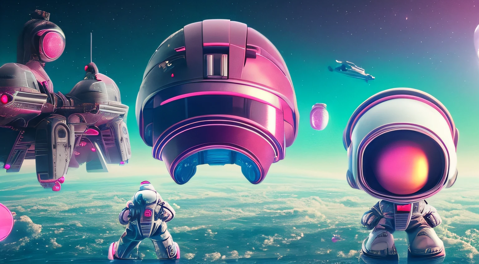 “((Best quality)), ((masterpiece)), ((dreamy)), ((synthwave punk)),"Imagine a dreamy fantastical dreamscape of detailed "spaceship sci fi anime" in forest, background are flying aliens and detailed group of caricature cute little spacemen astronauts, big head short hands short legs short body, big round opaque helmet covered face, white space suit, wear big "red headphone", hands with red gloves