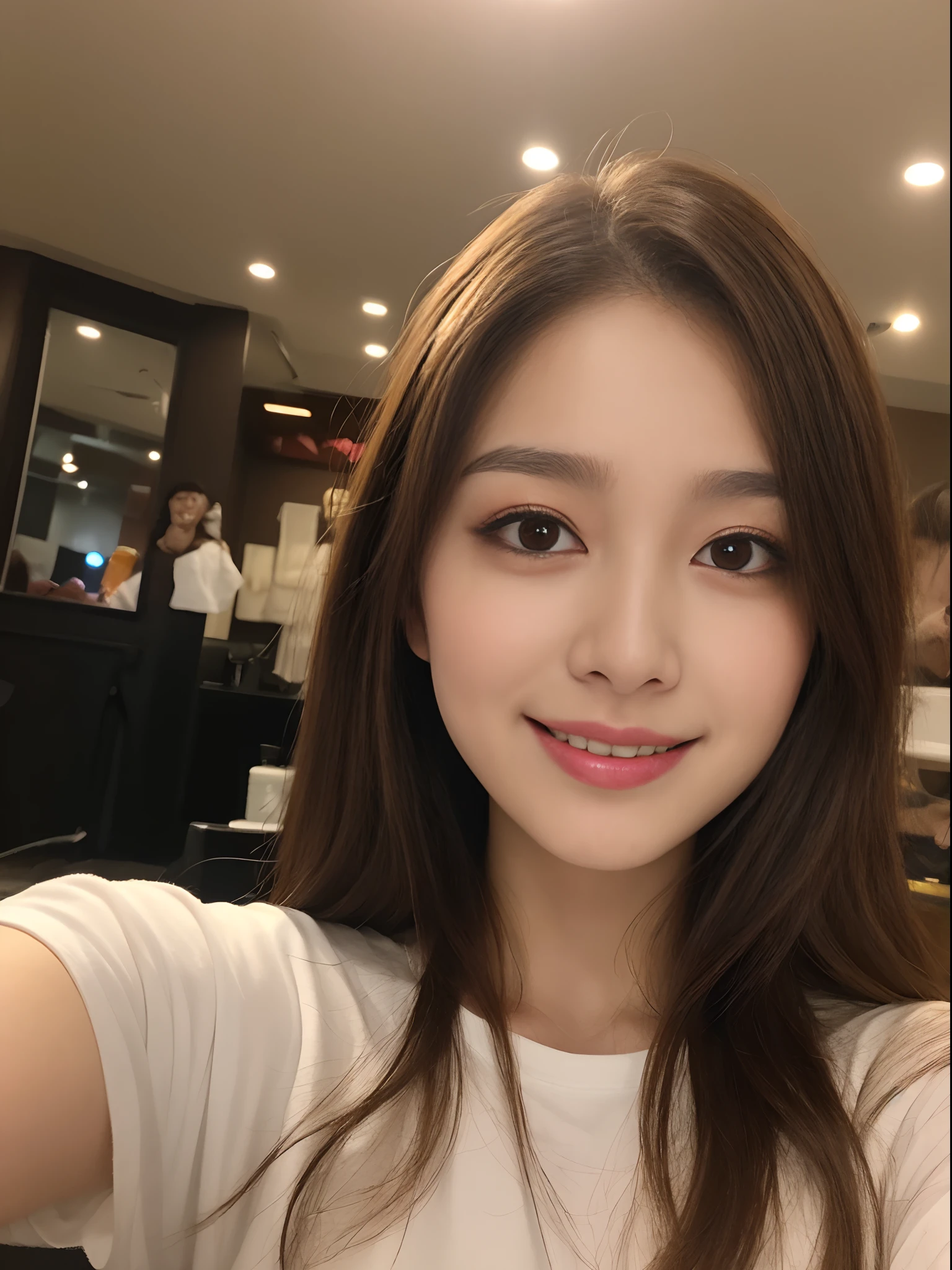 ((Day, Best Quality, 8K, Realistic)), Perfect body beauty: 1.4, Slender abs: 1.2, ((Long dark brown hair, Medium Breasts: 1.2)), (Tight tshirt, Barber cape: 1.1, Sitting: 1.1), (Indoor, Hair salon, Barber background, Daylight view, Soft yellow lighting: 1.2, Soft white lighting: 1.2), Highly detailed face and skin texture, detailed eyes, double eyelids, seductive smile, half body camera view, selfie camera view, (Face looking at the camera, Holding the camera: 1.1, Selfie: 1.2)