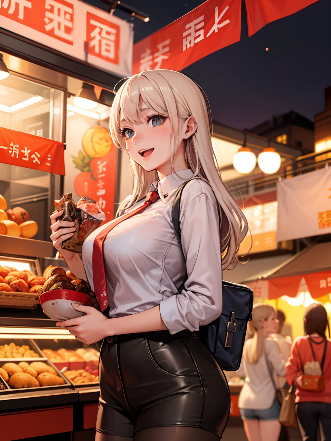 #Basic
A girl posing for a photo, (((One Girl))), (((Baby Face:1.4)) + ((cute:1.4)) + (())),
break
#Clothing Accessories
((black(long)China dress:1.5) : (Shiny) + (Large vibrant red floral embroidery) + ((long丈のスカート部分にサイドスリットが入っている)) + (High neck sleeveless) + (Fits snugly around the waist) + (Elbow hand pockets)), (Black knee-high stockings), (Shiny黒ハイヒール),
(Silver Necklace),
break
#Features
(Blonde:1.2)) + ((blunt bangs:1.5)) + ((longヘア : Straight hair:1.4 + Hair blowing in the wind)),
((Droopy eyes:1.4, Big eyes:1.2), blue eyes), (Small breasts:1.2), (中立的な顔のFeatures), (日焼けしたblack肌:1.4),
break
#background environment
((night, Chinatown, Outdoor Restaurant)),
#Facial Expression Pose
((Wicked Smile, Open your mouth:1.2)), ((Carrying food on a tray:1.2)),
#composition
((Angle from the front:1.2, Cowboy Shot)),
break
#Body parts elements
(Slim figure),
(Symmetrical facial features),
(Detailed Hair, Beautiful Hair, Shiny Hair),
(double eyelid, Long eyelashes, Thin eyebrows:0.5, Thin eyebrows:0.5),
(Expression of fine eyes, Beautiful and delicate eyes, Sparkling eyes, Eye Reflexes, Glitter Eyeliner),
(Human Ear),
(Beautiful Nose, Thin Nose),
(Shiny唇, Beautiful Lips, Thick lips),
(Textured skin, Detailed skin, Textured skin, Beautiful Skin, Oily skin),
break
#quality
(((最高quality)), ((masterpiece:1.3)), ((Very detailed))), ((Ultra-high resolution)), ((16K)), ((1080P)), ((Full HD)),
((Anatomically correct)), ((Realistic)), (3DCG), ((Oil painting)),
((comics, anime)), (CG illustration), (RAW Photos),
