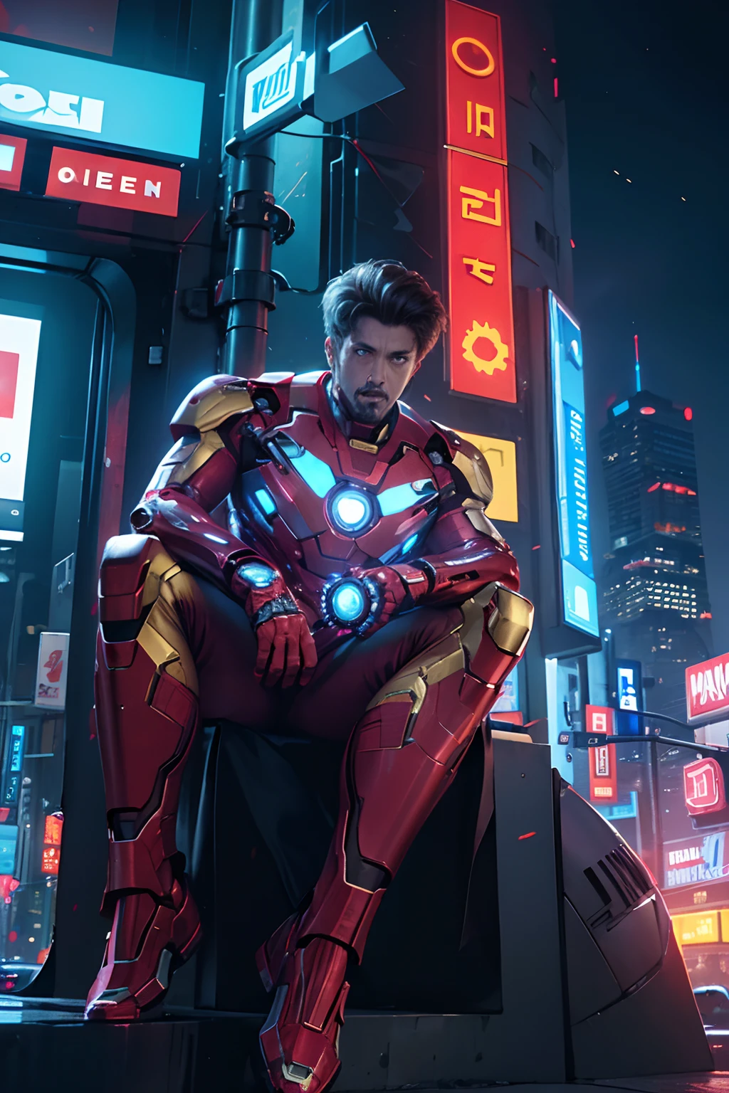 1man, iron man suit, no helmet, casually sitting, cyberpunk city, neon lights, high res, ultrasharp