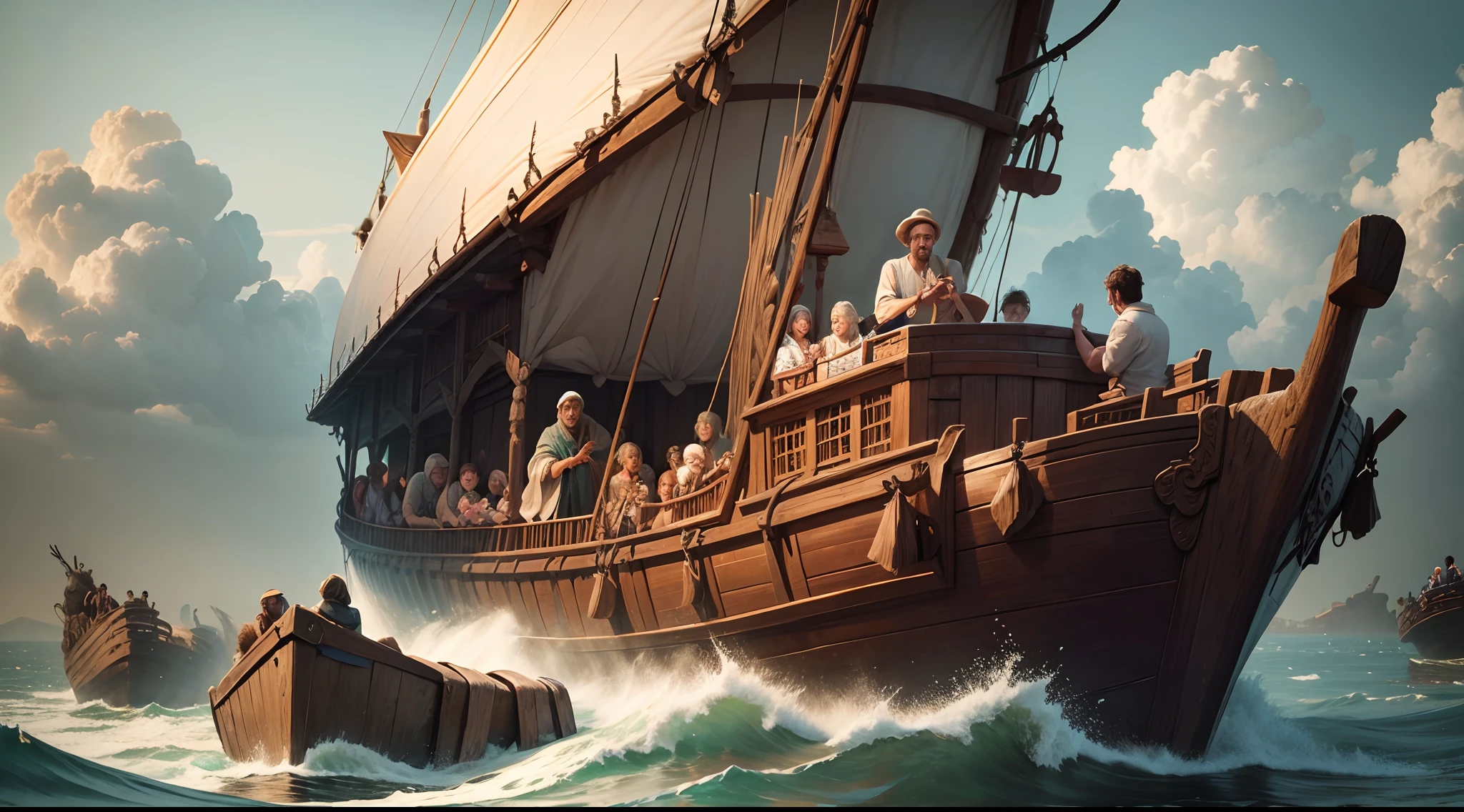 Describe the scene of Noah's Ark with Noah and his family during the flood, highlighting their expressive faces as they care for the animals on board."
