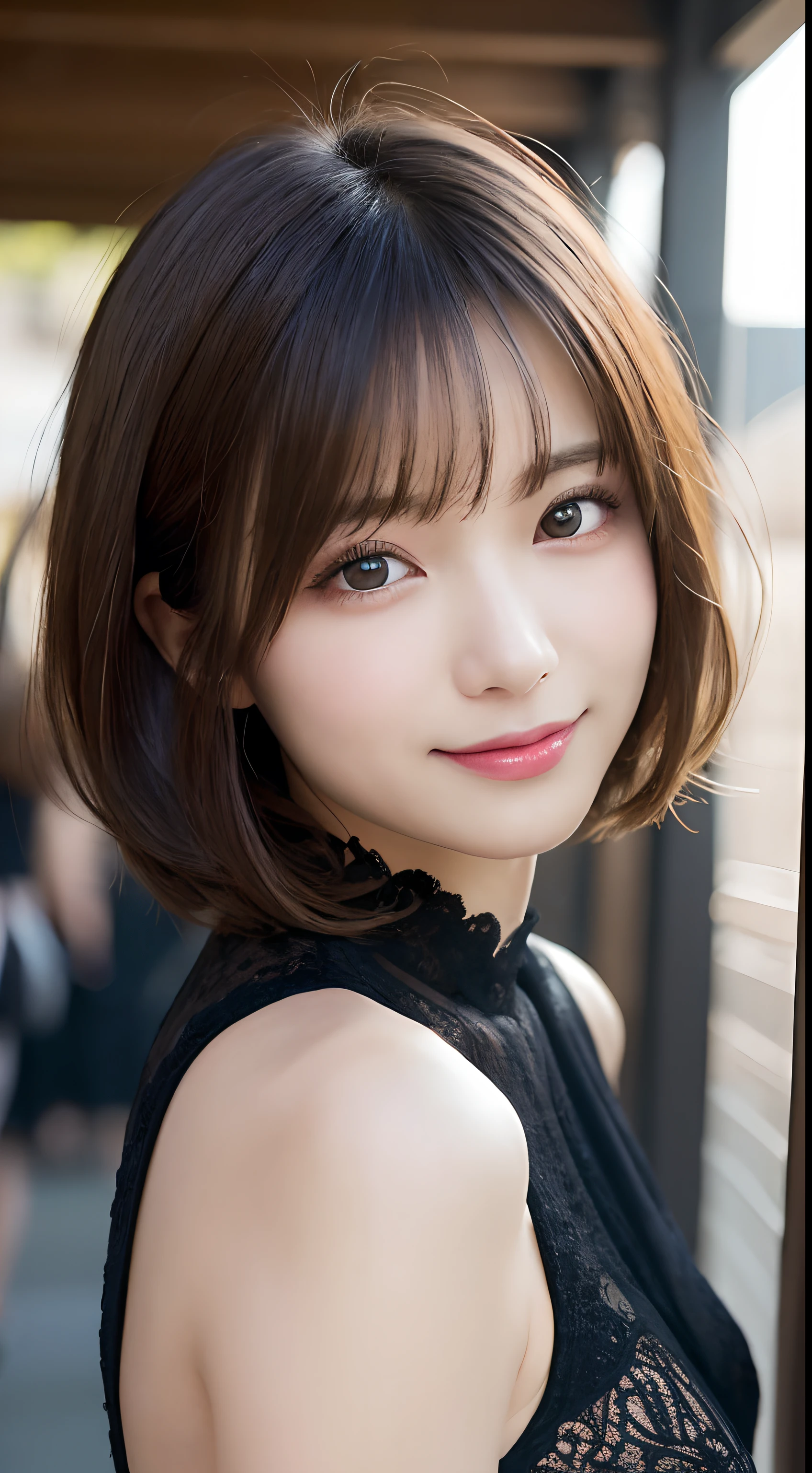 masutepiece, Best Quality, Illustration, Ultra-detailed, finely detail, hight resolution, 8K Wallpaper, Perfect dynamic composition, Beautiful detailed eyes, Women's Fashion Summer,Short Bob Hair,Small breasts natural color lip, Bold sexy poses,Smile,Harajuku、20 years girl、Cute、Sexy shot looking at camera