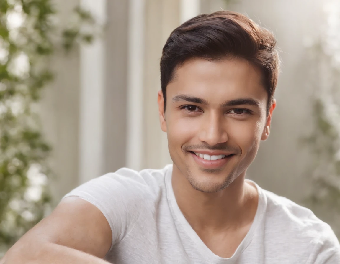 ((Indian Latino)), (Latino man), (photo: 1.3) af (photorealism: 1.3), frontal close-up, soft light, clear face, happy, cheerful, warm light, white t-shirt, (grey and white background), (blank background), (gray wall background) avatar, (short hair), smile, short hair, smile, (close-up)