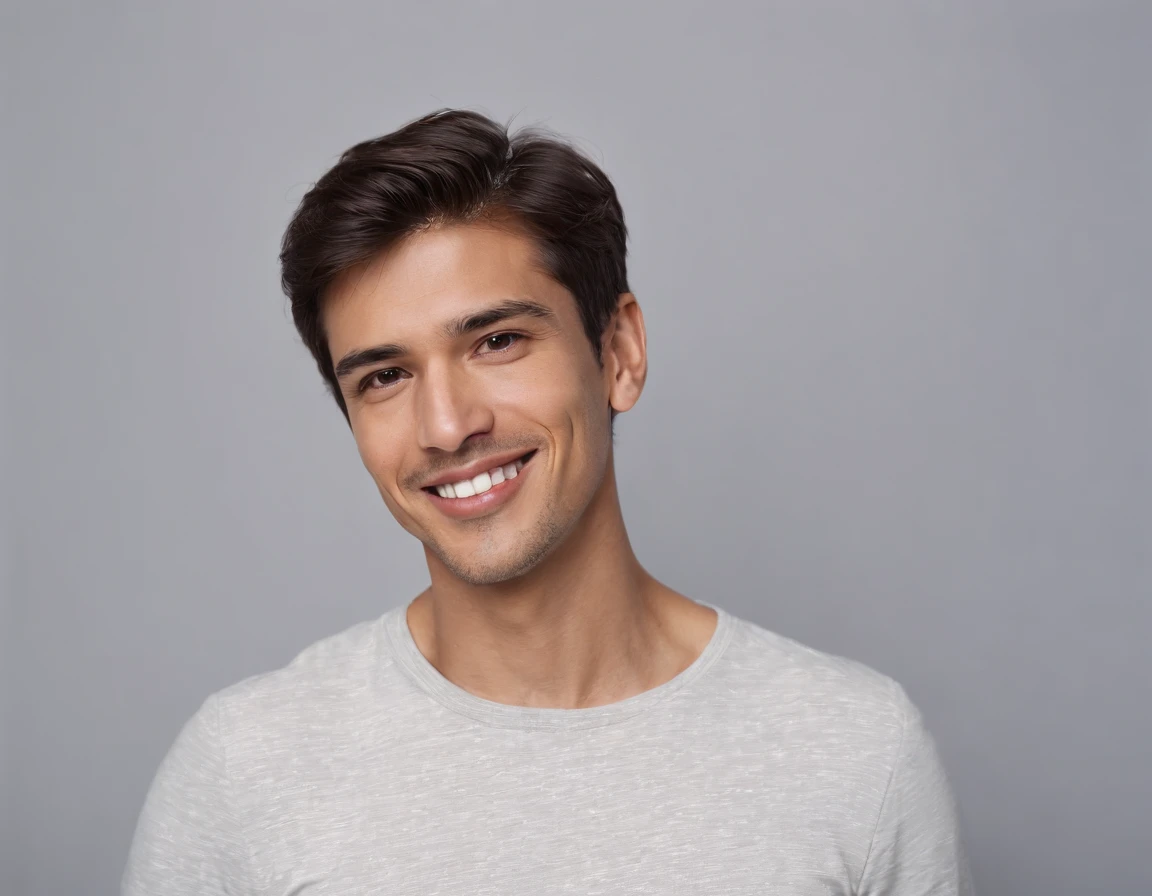 ((South American Latino)), (Latino man), (photo: 1.3) af (photorealism: 1.3), frontal close-up, soft light, clear face, happy, cheerful, warm light, white T-shirt, (grey and white background), (blank background), (gray wall background) avatar, (short hair), smile, short hair, smile, (close-up)