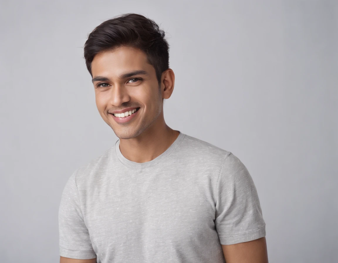 ((Indian Latino)), (Latino man), (photo: 1.3) af (photorealism: 1.3), frontal close-up, soft light, clear face, happy, cheerful, warm light, white t-shirt, (grey and white background), (blank background), (gray wall background) avatar, (short hair), smile, short hair, smile, (close-up)