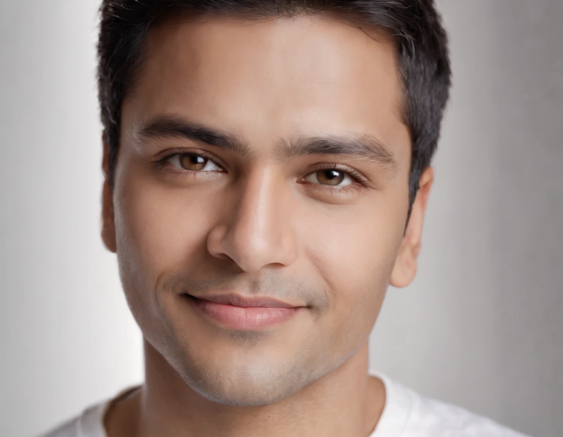 ((Indian Latino)), (Latino man), (photo: 1.3) af (photorealism: 1.3), frontal close-up, soft light, clear face, happy, cheerful, warm light, white t-shirt, (grey and white background), (blank background), (gray wall background) avatar, (short hair), smile, short hair, smile, (close-up)