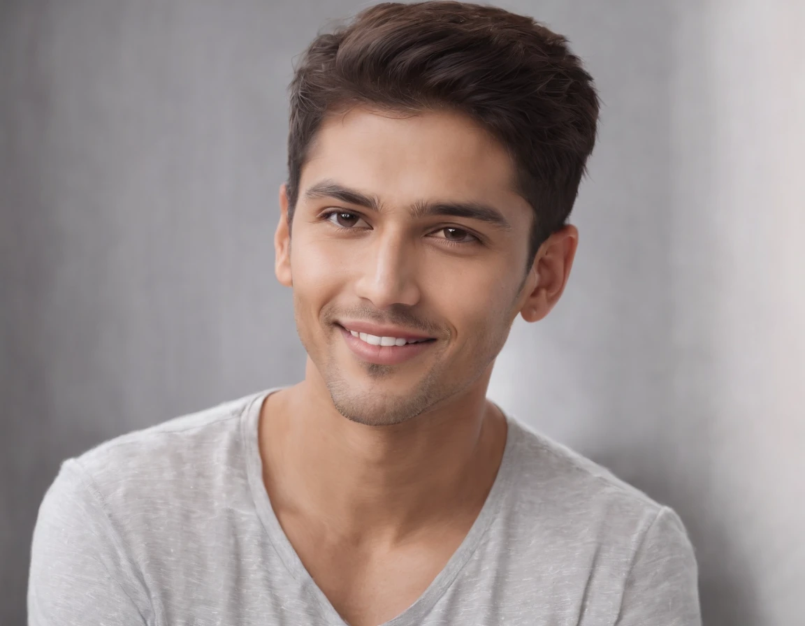 ((Indian Latino)), (Latino man), (photo: 1.3) af (photorealism: 1.3), frontal close-up, soft light, clear face, happy, cheerful, warm light, white t-shirt, (grey and white background), (blank background), (gray wall background) avatar, (short hair), smile, short hair, smile, (close-up)