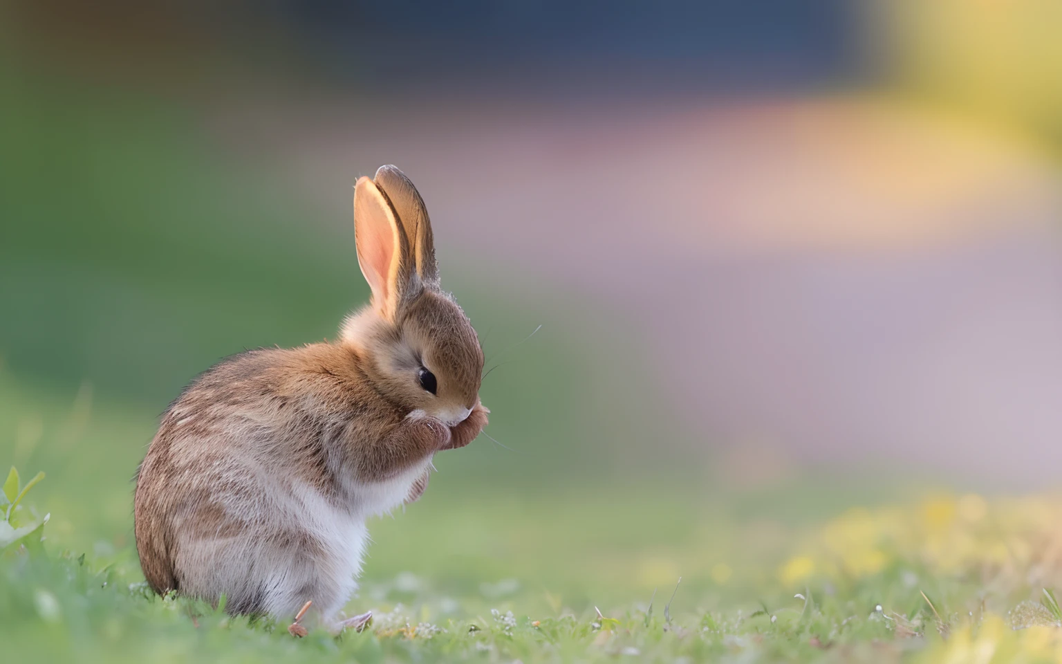 A fluffy baby bunny with soft fur, delicately cleaning his face with his tiny paws in a sunlit grassy field. The warm morning sun casts a golden glow on his back, creating a stunning high-resolution image. Get up close and personal with this adorable creature in a closeup shot that captures every detail.
