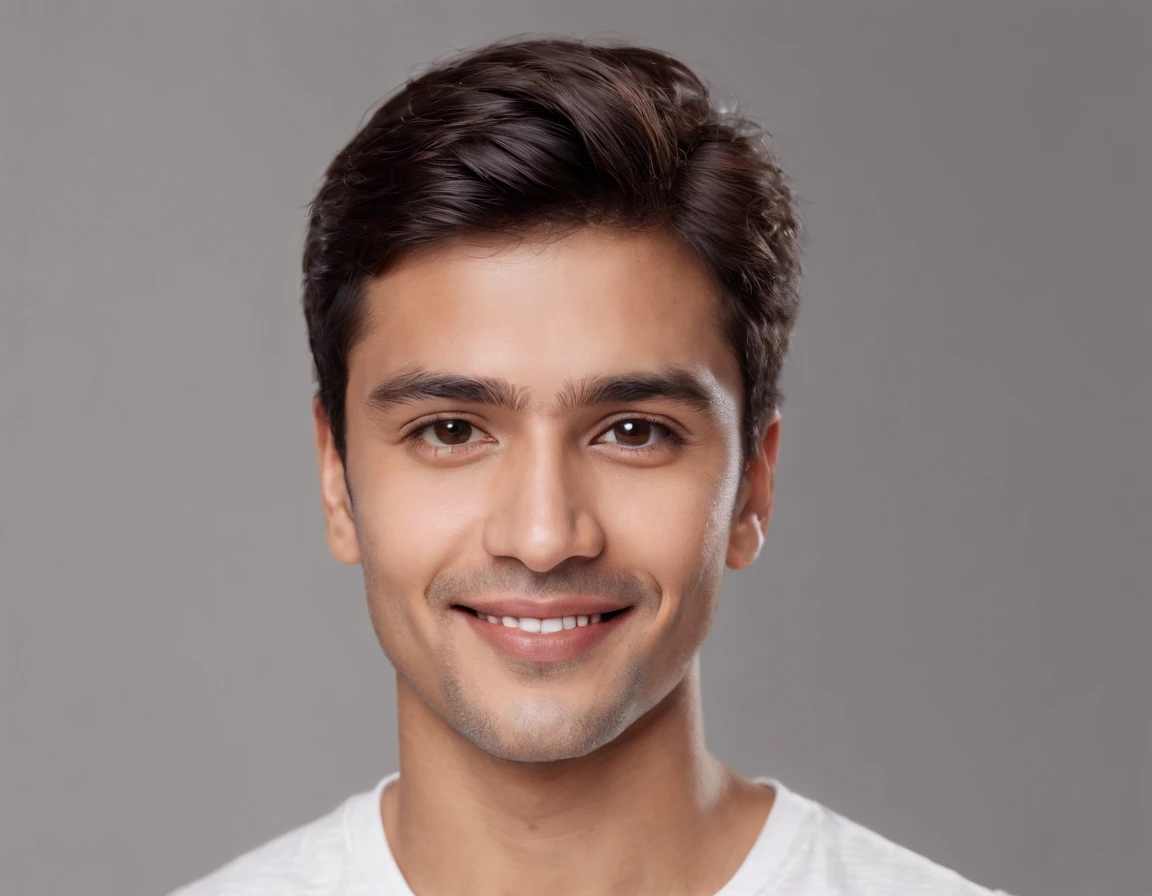 ((Indian Latino)), (Latino man), (photo: 1.3) af (photorealism: 1.3), frontal close-up, soft light, clear face, happy, cheerful, warm light, white t-shirt, (grey and white background), (blank background), (gray wall background) avatar, (short hair), smile, short hair, smile, (close-up)