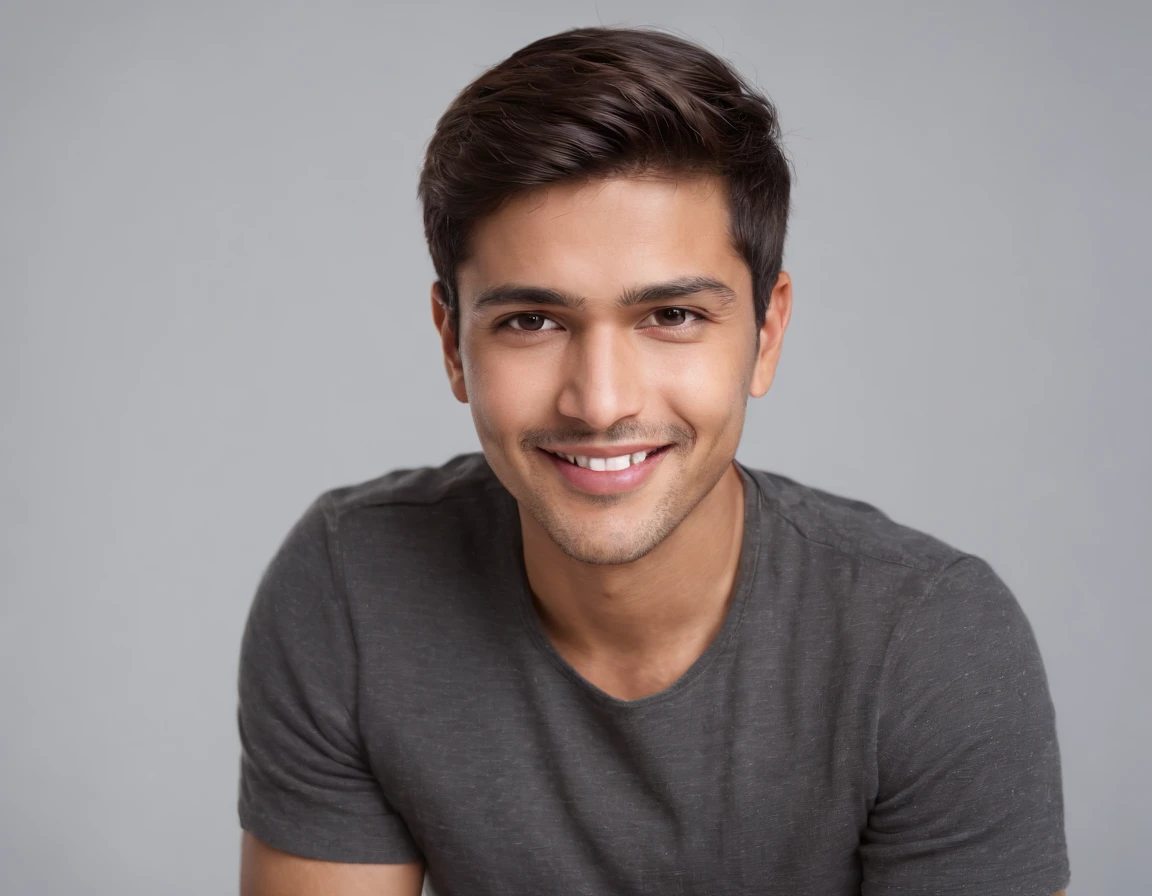 ((Indian Latino)), (Latino man), (photo: 1.3) af (photorealism: 1.3), frontal close-up, soft light, clear face, happy, cheerful, warm light, white t-shirt, (grey and white background), (blank background), (gray wall background) avatar, (short hair), smile, short hair, smile, (close-up)